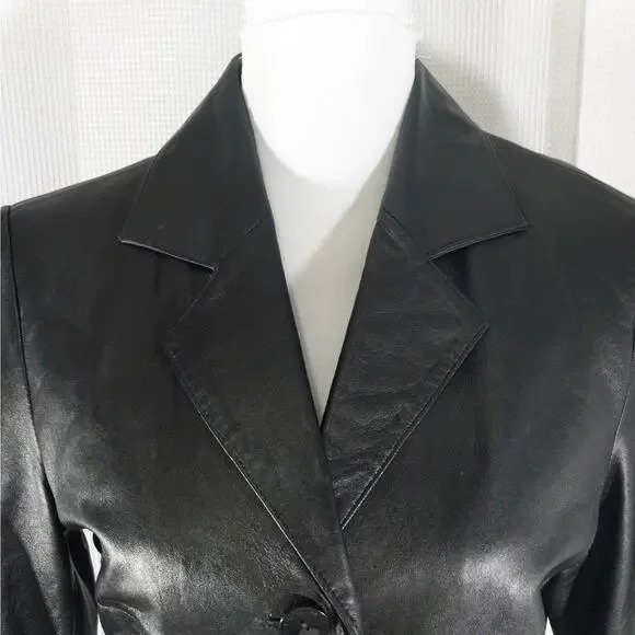 WILSONS LEATHER! RICH BLACK GENUINE LEATHER FITTED BUTTON FRONT JACKET! SZ M - Picture 5 of 12
